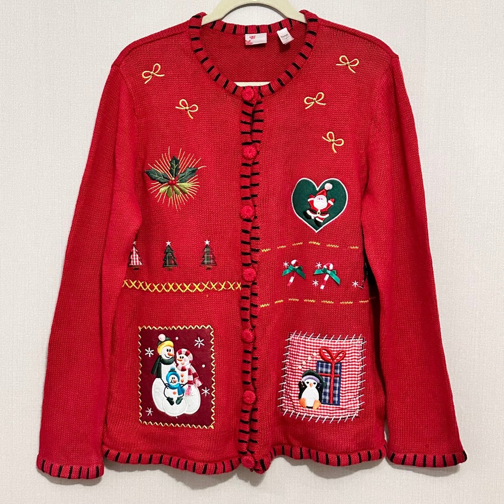 Vintage Holiday Editions Christmas Cardigan Patchwork Womens Large Whimsical